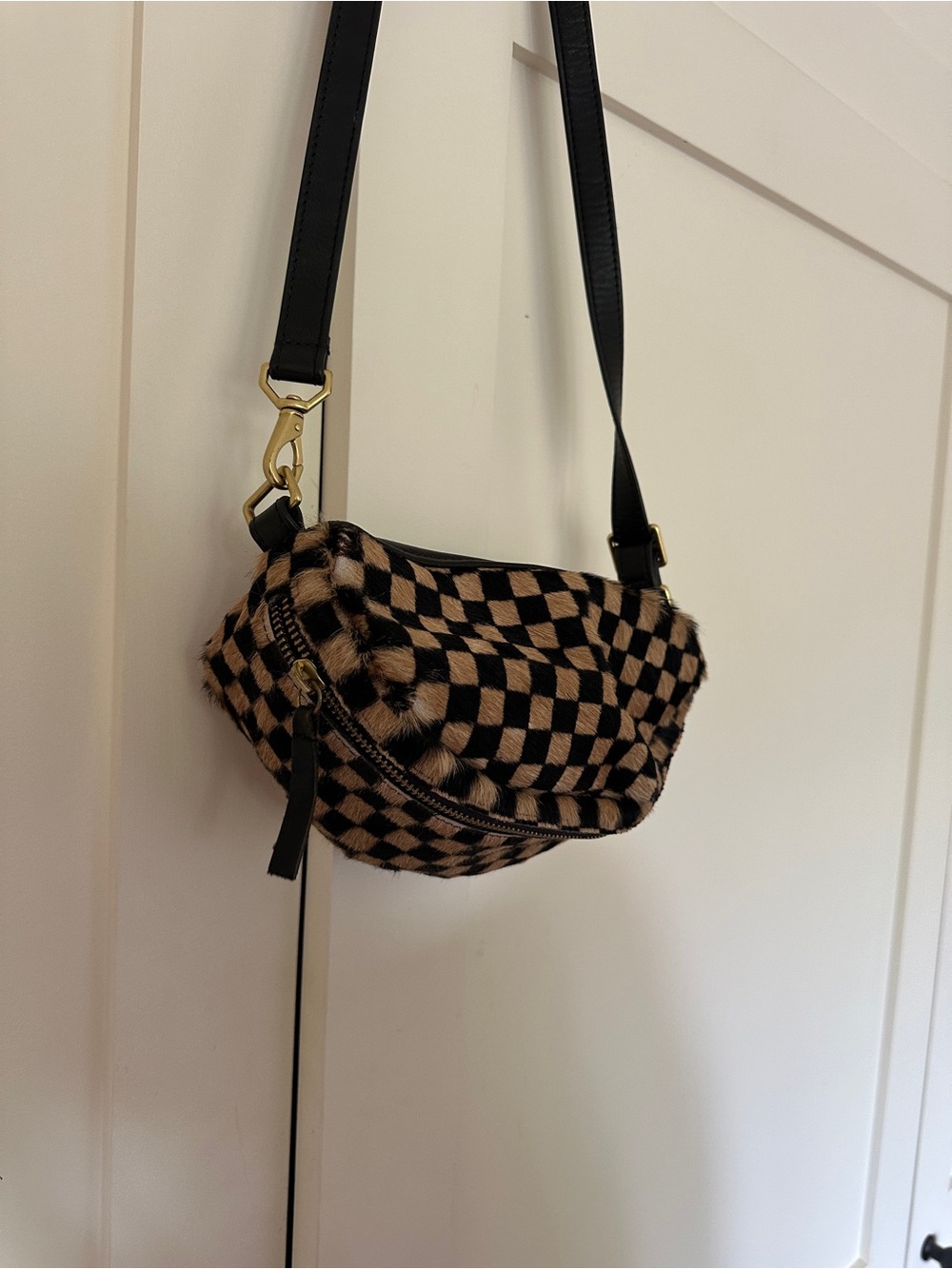 Checkerboard Haircalf Crossbody Bag - Black & Tan, Fanny pack